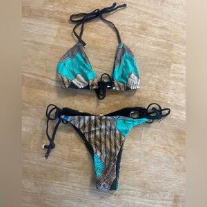 Blue/green and Brown String Bikini with peacock print